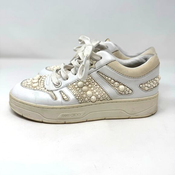Jimmy Choo Hawaii Leather Pearl Sneakers Shoes 37.5 7.5 White Embellished - Picture 1 of 12